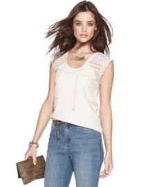 Lace cap sleeves take a cotton tee and make it special enough for date night. From DKNY Jeans. Lace cap sleeves take a cotton tee and make it special enough for date night. From DKNY Jeans.