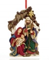 Evoke feelings of joy with this lovely ornament depicting Mary, Joseph and the newborn babe, Jesus, sitting in a stable with a shining gold star above them.
