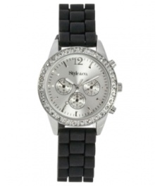 Balance out a glitzy watch with this sporty black strap. By Style&co. Black silicone strap and round silver tone mixed metal case. Bezel embellished with crystal accents. Brushed silver tone dial features numeral at twelve o'clock, stick indices, three multifunctional subdials, three luminous hands, logo and black accents. Quartz movement. Two-year limited warranty. Balance out a glitzy watch with this sporty black strap. By Style&co. Black silicone strap and round silver tone mixed metal case. Bezel embellished with crystal accents. Brushed silver tone dial features numeral at twelve o'clock, stick indices, three multifunctional subdials, three luminous hands, logo and black accents. Quartz movement. Two-year limited warranty.