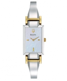 Accessorize with radiance. Brilliant watch by Bulova crafted of two-tone stainless steel bangle bracelet and rectangular case. White mother-of-pearl dial features applied gold tone stick indices at three, six and nine o'clock, logo at twelve o'clock and two hands. Quartz movement. Water resistant to 30 meters. Three-year limited warranty.