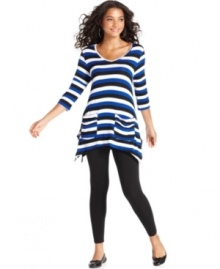 Create a relaxed look with Cha Cha Vente's striped knit tunic. The asymmetrical hem is a chic on-trend touch, too! Create a relaxed look with Cha Cha Vente's striped knit tunic. The asymmetrical hem is a chic on-trend touch, too!