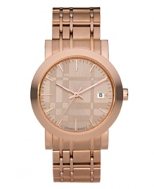 This Burberry watch features a check-inspired rose gold ion-plated stainless steel bracelet and round case. Rose gold tone dial with check pattern features applied stick indices, minute track, date window at three o'clock, three hands and logo. Swiss made. Quartz movement. Water resistant to 50 meters. Two-year limited warranty. This Burberry watch features a check-inspired rose gold ion-plated stainless steel bracelet and round case. Rose gold tone dial with check pattern features applied stick indices, minute track, date window at three o'clock, three hands and logo. Swiss made. Quartz movement. Water resistant to 50 meters. Two-year limited warranty.