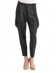 THE LOOKNarrow waistband with hook-and-eye closure, button accents & interior button tabPleated frontFront zipperRemovable suspender strapsAngled welt pocketsTHE FITRise, about 10Inseam, about 26THE MATERIAL95% virgin wool/5% other fibersCARE & ORIGINDry cleanMade in Italy THE LOOKNarrow waistband with hook-and-eye closure, button accents & interior button tabPleated frontFront zipperRemovable suspender strapsAngled welt pocketsTHE FITRise, about 10Inseam, about 26THE MATERIAL95% virgin wool/5% other fibersCARE & ORIGINDry cleanMade in Italy