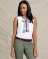 Tommy Hilfiger offers iconic preppy style by adding a scarf tie to this simple tank. Join the cool club when you pair it with cropped pants and punchy accessories!