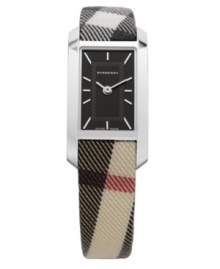Burberry watch features a check fabric strap and rectangular stainless steel case. Black etched dial with logo and silvertone indices. Two hands. Swiss movement. Water resistant to 30 meters. Two-year limited warranty. Burberry watch features a check fabric strap and rectangular stainless steel case. Black etched dial with logo and silvertone indices. Two hands. Swiss movement. Water resistant to 30 meters. Two-year limited warranty.