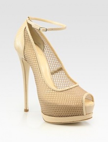 Semi-sheer mesh upper accented by snake-embossed leather trim, secured by an adjustable ankle strap. Self-covered heel, 6 (150mm)Covered platform, 1½ (40mm)Compares to a 4½ heel (115mm)Mesh and printed leather upperLeather solePadded insoleMade in ItalyOUR FIT MODEL RECOMMENDS ordering one size up as this style runs small. Semi-sheer mesh upper accented by snake-embossed leather trim, secured by an adjustable ankle strap. Self-covered heel, 6 (150mm)Covered platform, 1½ (40mm)Compares to a 4½ heel (115mm)Mesh and printed leather upperLeather solePadded insoleMade in ItalyOUR FIT MODEL RECOMMENDS ordering one size up as this style runs small.