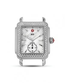 Handsome stainless steel watch head with mother-of-pearl dial, diamond bezel and sapphire accents. Handsome stainless steel watch head with mother-of-pearl dial, diamond bezel and sapphire accents.