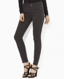 Lauren Ralph Lauren's slim twill pant is finished with chic buttons at the ankle for a modern update. Lauren Ralph Lauren's slim twill pant is finished with chic buttons at the ankle for a modern update.
