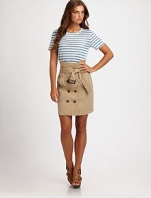 An easy tee with allover stripes and a front logo detail.CrewneckShort sleevesAbout 24 from shoulder to hem70% linen/30% cottonDry cleanImported of Italian fabric Model shown is 5'10 (177cm) wearing US size Small. An easy tee with allover stripes and a front logo detail.CrewneckShort sleevesAbout 24 from shoulder to hem70% linen/30% cottonDry cleanImported of Italian fabric Model shown is 5'10 (177cm) wearing US size Small.