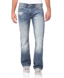 A slim boot-cut style and detailed whiskering gives these Buffalo Jeans a unique look you can call your own. A slim boot-cut style and detailed whiskering gives these Buffalo Jeans a unique look you can call your own.