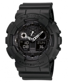 Get your look in gear. This G-Shock watch features a black resin strap and round case. Shock-resistant analog-digital dial with logo, five subdials, auto LED light, world time, daily alarm, stopwatch, countdown timer and 12/24-hour formats. Quartz movement. Water resistant to 200 meters. One-year limited warranty. Get your look in gear. This G-Shock watch features a black resin strap and round case. Shock-resistant analog-digital dial with logo, five subdials, auto LED light, world time, daily alarm, stopwatch, countdown timer and 12/24-hour formats. Quartz movement. Water resistant to 200 meters. One-year limited warranty.