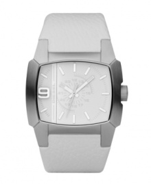 White meets white on this popular style by Diesel. Watch crafted of white leather strap and square stainless steel case, 50x45mm. White dial features applied silver tone numeral at nine o'clock, stick indices, minute track, military time, logo plate and luminous hands. Quartz movement. Water resistant to 50 meters. Two-year limited warranty.