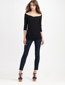 Fitted, shoulder-baring essential has side ruching, three-quarter sleeves and a length that hits below the hips. Off-the-shoulder necklineThree-quarter sleevesSide ruchingLonger length hits below the hips93% cotton/7% polyurethaneDry cleanMade in USA of imported fabricModel shown is 5'10 (177cm) wearing US size Small. Fitted, shoulder-baring essential has side ruching, three-quarter sleeves and a length that hits below the hips. Off-the-shoulder necklineThree-quarter sleevesSide ruchingLonger length hits below the hips93% cotton/7% polyurethaneDry cleanMade in USA of imported fabricModel shown is 5'10 (177cm) wearing US size Small.