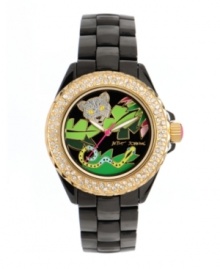 Every minute counts in the jungle. Keep track with this bold watch by Betsey Johnson. Black ceramic bracelet and round case. Gold tone bezel embellished with crystal accents. Black enamel dial features crystal-accented silver tone tiger face, multicolored snake, green leaves, luminous gold tone hour and minute hands, signature fuchsia second hand and logo. Quartz movement. Water resistant to 50 meters. Two-year limited warranty. Every minute counts in the jungle. Keep track with this bold watch by Betsey Johnson. Black ceramic bracelet and round case. Gold tone bezel embellished with crystal accents. Black enamel dial features crystal-accented silver tone tiger face, multicolored snake, green leaves, luminous gold tone hour and minute hands, signature fuchsia second hand and logo. Quartz movement. Water resistant to 50 meters. Two-year limited warranty.