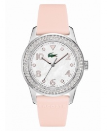 Take full advantage of Lacoste's seamless mixture of fashion chic and sporty reliability. Crafted of pink logo-stamped silicone strap and round stainless steel case. Bezel embellished with crystal accents. Mother-of-pearl dial features rose-gold tone numerals and dot markers, minute track, three hands and iconic crocodile logo at twelve o'clock. Quartz movement. Water resistant to 50 meters. Two-year limited warranty. Take full advantage of Lacoste's seamless mixture of fashion chic and sporty reliability. Crafted of pink logo-stamped silicone strap and round stainless steel case. Bezel embellished with crystal accents. Mother-of-pearl dial features rose-gold tone numerals and dot markers, minute track, three hands and iconic crocodile logo at twelve o'clock. Quartz movement. Water resistant to 50 meters. Two-year limited warranty.