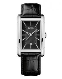 A stylish timepiece that will have you emitting confidence with every passing second. Hugo Boss watch crafted of black croc-embossed leather strap and square stainless steel case. Black grid-patterned dial features applied silver tone numerals, stick indices, date window at six o'clock, three hands and logo at twelve o'clock. Quartz movement. Water resistant to 30 meters. Two-year limited warranty. A stylish timepiece that will have you emitting confidence with every passing second. Hugo Boss watch crafted of black croc-embossed leather strap and square stainless steel case. Black grid-patterned dial features applied silver tone numerals, stick indices, date window at six o'clock, three hands and logo at twelve o'clock. Quartz movement. Water resistant to 30 meters. Two-year limited warranty.