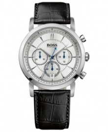 A sophisticated chronograph watch in black and silver from Hugo Boss. A sophisticated chronograph watch in black and silver from Hugo Boss.