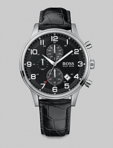 With features like 5ATM pressure resistance and flyback chronograph function, this watch pays great tribute to the classic aviator chronograph style, while a crocodile-embossed leather bracelet with deployment buckle ensures endless comfort.Quartz chronograph movementWater resistant to 5ATMDate display at 5 o'clockSecond handStainless steel case: 44mm (1.73)Leather strap braceletImported With features like 5ATM pressure resistance and flyback chronograph function, this watch pays great tribute to the classic aviator chronograph style, while a crocodile-embossed leather bracelet with deployment buckle ensures endless comfort.Quartz chronograph movementWater resistant to 5ATMDate display at 5 o'clockSecond handStainless steel case: 44mm (1.73)Leather strap braceletImported