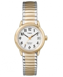 Count the minutes with timeless style. This Timex watch features a goldtone and silvertone stainless steel bracelet and round case. White dial with black numerals, logo and date window. Analog movement. Water resistant to 30 meters. One-year limited warranty. Count the minutes with timeless style. This Timex watch features a goldtone and silvertone stainless steel bracelet and round case. White dial with black numerals, logo and date window. Analog movement. Water resistant to 30 meters. One-year limited warranty.