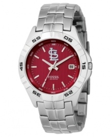 Show your St. Louis Cardinals loyalty every second of the day with this signature team watch from Fossil. Stainless steel bracelet and round case. Bezel embossed with black numerals. Red striped dial features St. Louis Cardinals logo, silver tone stick indices, luminous hands and date window at three o'clock. Quartz movement. Water resistant to 50 meters. Eleven-year limited warranty. Show your St. Louis Cardinals loyalty every second of the day with this signature team watch from Fossil. Stainless steel bracelet and round case. Bezel embossed with black numerals. Red striped dial features St. Louis Cardinals logo, silver tone stick indices, luminous hands and date window at three o'clock. Quartz movement. Water resistant to 50 meters. Eleven-year limited warranty.