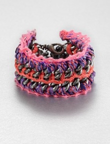 Inspired by cultures and travels around the world, this yarn and thread accented link chain design will be a bright addition to any look. Antique-finished silvertone brassPolyester threadCotton yarnLength, about 6Lobster clasp closureMade in USA Inspired by cultures and travels around the world, this yarn and thread accented link chain design will be a bright addition to any look. Antique-finished silvertone brassPolyester threadCotton yarnLength, about 6Lobster clasp closureMade in USA