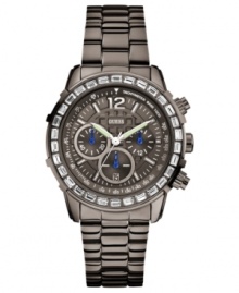 Shimmering accents offer a stark contrast on this dusky timepiece from GUESS.