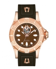 Revered for unparalleled precision, Bulova Accutron presents this stunning and contemporary watch from the Kirkwood collection. Black rubber strap and round rose gold tone stainless steel case with clear back and sapphire crystal. Brown wave-patterned dial features dot markers and stick indices, minute track, three rose gold tone hands, logo and aperture view of the movement at twelve o'clock. Swiss mechanical Sellita movement. Water resistant to 100 meters. Five-year limited warranty. Revered for unparalleled precision, Bulova Accutron presents this stunning and contemporary watch from the Kirkwood collection. Black rubber strap and round rose gold tone stainless steel case with clear back and sapphire crystal. Brown wave-patterned dial features dot markers and stick indices, minute track, three rose gold tone hands, logo and aperture view of the movement at twelve o'clock. Swiss mechanical Sellita movement. Water resistant to 100 meters. Five-year limited warranty.