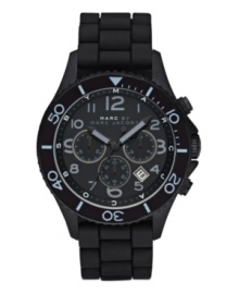 Understated style for the sports enthusiast. Watch by Marc by Marc Jacobs crafted of black silicone bracelet and round black-plated stainless steel case with numerals at bezel. Black chronograph dial features numerals, date window, three subdials, three hands and logo. Quartz movement. Water resistant to 50 meters. Two-year limited warranty. Understated style for the sports enthusiast. Watch by Marc by Marc Jacobs crafted of black silicone bracelet and round black-plated stainless steel case with numerals at bezel. Black chronograph dial features numerals, date window, three subdials, three hands and logo. Quartz movement. Water resistant to 50 meters. Two-year limited warranty.