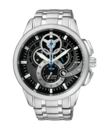 Striking hardware adds high-impact style to the dial of this Eco-Drive watch by Citizen. Striking hardware adds high-impact style to the dial of this Eco-Drive watch by Citizen.