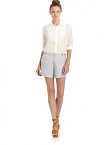 THE LOOKShirt collarAccordion pleated bibConcealed button frontTHE FITAbout 24 from shoulder to hemTHE MATERIAL53% silk/47% silkCARE & ORIGINDry cleanImportedModel shown is 5'9 (175cm) wearing US size 4. THE LOOKShirt collarAccordion pleated bibConcealed button frontTHE FITAbout 24 from shoulder to hemTHE MATERIAL53% silk/47% silkCARE & ORIGINDry cleanImportedModel shown is 5'9 (175cm) wearing US size 4.