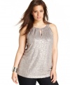Sparkle on your night out with INC's plus size halter top, showcasing a sequined finish.