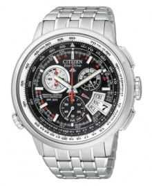 Tackle multiple functions and seamless style at once with this durable watch from Citizen. Silvertone stainless steel bracelet and round case. Round black dial with logo, stick indices, three subdials, date window, chronograph, power reserve indicator and curved glass. Analog movement. Water resistant to 200 meters. Five-year limited warranty. Tackle multiple functions and seamless style at once with this durable watch from Citizen. Silvertone stainless steel bracelet and round case. Round black dial with logo, stick indices, three subdials, date window, chronograph, power reserve indicator and curved glass. Analog movement. Water resistant to 200 meters. Five-year limited warranty.
