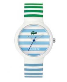 Refined sports watch with a burst of lively color. Unisex Goa watch by Lacoste crafted of blue and green stripe silicone strap and round white plastic case. Blue stripe dial features iconic crocodile logo, cutout hour and minute hands and blue second hand. Quartz movement. Water resistant to 30 meters. Two-year limited warranty. Refined sports watch with a burst of lively color. Unisex Goa watch by Lacoste crafted of blue and green stripe silicone strap and round white plastic case. Blue stripe dial features iconic crocodile logo, cutout hour and minute hands and blue second hand. Quartz movement. Water resistant to 30 meters. Two-year limited warranty.