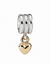 A 14K gold heart dangles from a shiny sterling silver ring. Charm by PANDORA. A 14K gold heart dangles from a shiny sterling silver ring. Charm by PANDORA.