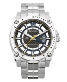 Utilitarian design to get the job done right, by Bulova. This Precisionist collection watch features a continuously sweeping second hand to keep time accurate to ten seconds a year. Round stainless steel case and bracelet. Lugs at four corners of bezel. Carbon dial with applied index features luminous hour and minute hands, yellow second hand, silvertone stick indices, date window at three o'clock and logo. Quartz movmement. Water resistant to 300 meters. Three-year limited warranty. Utilitarian design to get the job done right, by Bulova. This Precisionist collection watch features a continuously sweeping second hand to keep time accurate to ten seconds a year. Round stainless steel case and bracelet. Lugs at four corners of bezel. Carbon dial with applied index features luminous hour and minute hands, yellow second hand, silvertone stick indices, date window at three o'clock and logo. Quartz movmement. Water resistant to 300 meters. Three-year limited warranty.