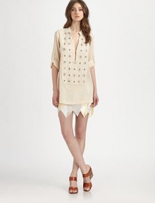 Gauzy cotton crepe in an elongated tunic embellished with beads and sequins all down the front.Band collarDeep V neckline with hook-and-eye closureThree-quarter roll-tab sleevesStraight hemlineAbout 28 from shoulder to hemCottonHand washImportedModel shown is 5'10 (177cm) wearing US size Small. Gauzy cotton crepe in an elongated tunic embellished with beads and sequins all down the front.Band collarDeep V neckline with hook-and-eye closureThree-quarter roll-tab sleevesStraight hemlineAbout 28 from shoulder to hemCottonHand washImportedModel shown is 5'10 (177cm) wearing US size Small.