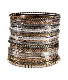 Ultra cool stacked up to your elbows, or delicately elegant alone, R.J.Grazianos mixed metal bangles are a contemporary-chic choice no matter how you choose to wear them - Mixed textural metal surfaces, 1 clear crystal embellished bangle - Wear on bare arms with pushed up sleeves, or layer over ultra thin long sleeve pullovers Ultra cool stacked up to your elbows, or delicately elegant alone, R.J.Grazianos mixed metal bangles are a contemporary-chic choice no matter how you choose to wear them - Mixed textural metal surfaces, 1 clear crystal embellished bangle - Wear on bare arms with pushed up sleeves, or layer over ultra thin long sleeve pullovers
