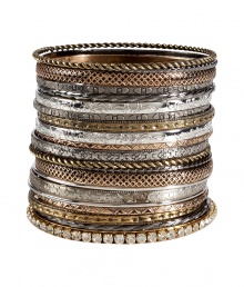 Ultra cool stacked up to your elbows, or delicately elegant alone, R.J.Grazianos mixed metal bangles are a contemporary-chic choice no matter how you choose to wear them - Mixed textural metal surfaces, 1 clear crystal embellished bangle - Wear on bare arms with pushed up sleeves, or layer over ultra thin long sleeve pullovers