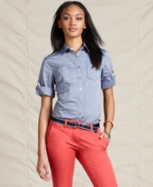 Ship shape: Chambray fabric and rope roll tabs combine for nautical-inspired style from Tommy Hilfiger. Pair this shirt with vibrant chinos for the ultimate in preppy panache. Ship shape: Chambray fabric and rope roll tabs combine for nautical-inspired style from Tommy Hilfiger. Pair this shirt with vibrant chinos for the ultimate in preppy panache.