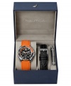 A quick strap switch gives this handsome Nautica watch an entirely new look and feel. Choose a smooth black leather strap or orange polyurethane strap with a round stainless steel case. Gray multifunctional dial with silvertone stick indices, logo and three subdials. Analog movement. Water resistant to 100 meters. Five-year limited warranty.