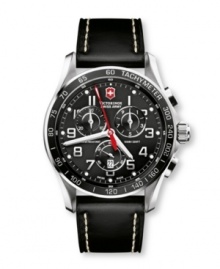 Always prepared for anything, make this Classic XLS watch by Victorinox Swiss Army another weapon in your arsenal. Black leather strap with contrast stitching and round stainless steel case. Black bezel with tachymeter scale in white. Black chronograph dial features silvertone numerals, luminous dot markers, date window at six o'clock, three subdials, luminous silvertone hour and minute hands, red second hand and logo. Swiss quartz movement. Water resistant to 100 meters. Three-year limited warranty. Always prepared for anything, make this Classic XLS watch by Victorinox Swiss Army another weapon in your arsenal. Black leather strap with contrast stitching and round stainless steel case. Black bezel with tachymeter scale in white. Black chronograph dial features silvertone numerals, luminous dot markers, date window at six o'clock, three subdials, luminous silvertone hour and minute hands, red second hand and logo. Swiss quartz movement. Water resistant to 100 meters. Three-year limited warranty.