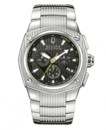 Make your mark. Dramatic styling wins on this Bulova Accutron watch from the Corvara collection. Stainless steel bracelet and round case with curved sapphire crystal. Textured black chronograph dial features silver tone stick indices, yellow tachymeter scale, date window at four o'clock, three subdials, luminous hour and minute hands, yellow second hand and logo. Swiss quartz movement. Water resistant to 100 meters. Five-year limited warranty. Make your mark. Dramatic styling wins on this Bulova Accutron watch from the Corvara collection. Stainless steel bracelet and round case with curved sapphire crystal. Textured black chronograph dial features silver tone stick indices, yellow tachymeter scale, date window at four o'clock, three subdials, luminous hour and minute hands, yellow second hand and logo. Swiss quartz movement. Water resistant to 100 meters. Five-year limited warranty.