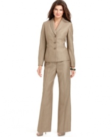 Classic herringbone looks fresh on Evan Picone's streamlined petite suit, featuring a shawl-collar jacket and wide-leg pants. Classic herringbone looks fresh on Evan Picone's streamlined petite suit, featuring a shawl-collar jacket and wide-leg pants.