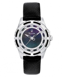 Enchanting elegance, by Bulova. Watch crafted of black lizard leather strap and round stainless steel case. Black enamel at bezel. Black mother-of-pearl dial features diamond accents at markers, inner silver tone ring with minute track, three hands and logo. Quartz movement. Water resistant to 30 meters. Three-year limited warranty. Enchanting elegance, by Bulova. Watch crafted of black lizard leather strap and round stainless steel case. Black enamel at bezel. Black mother-of-pearl dial features diamond accents at markers, inner silver tone ring with minute track, three hands and logo. Quartz movement. Water resistant to 30 meters. Three-year limited warranty.