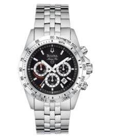 Precise functions make this fine watch from Bulova the perfect choice for everyday. Silvertone stainless steel bracelet and round casae. Round black chronograph dial with three subdials, date window, logo and stick indices. Quartz movement. Water resistant to 100 meters. Three-year limited warranty. Precise functions make this fine watch from Bulova the perfect choice for everyday. Silvertone stainless steel bracelet and round casae. Round black chronograph dial with three subdials, date window, logo and stick indices. Quartz movement. Water resistant to 100 meters. Three-year limited warranty.