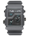 A retro digital look gives this multifunctional Diesel watch a sleek modern lift. Grey plastic bracelet and rectangular case. Rectangular dial with digital read and two subdials. Quartz movement. Water resistant to 50 meters. Two-year limited warranty.