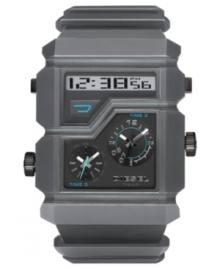A retro digital look gives this multifunctional Diesel watch a sleek modern lift. Grey plastic bracelet and rectangular case. Rectangular dial with digital read and two subdials. Quartz movement. Water resistant to 50 meters. Two-year limited warranty. A retro digital look gives this multifunctional Diesel watch a sleek modern lift. Grey plastic bracelet and rectangular case. Rectangular dial with digital read and two subdials. Quartz movement. Water resistant to 50 meters. Two-year limited warranty.