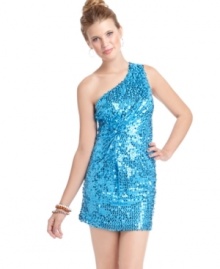 Hit the party scene in Sugar & Spice's sequined one-shoulder sheath. Oh-so-fun & totally glam, pair it with nude pumps. Hit the party scene in Sugar & Spice's sequined one-shoulder sheath. Oh-so-fun & totally glam, pair it with nude pumps.