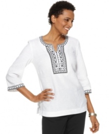 Casual days just got chicer with this embroidered linen tunic, from JM Collection. Casual days just got chicer with this embroidered linen tunic, from JM Collection.