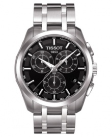 A solid watch at the top of its class. This Tissot watch features a stainless steel bracelet and round case. Chronograph black dial with silvertone stick indices, logo, date window and three subdials. Quartz movement. Water resistant to 100 meters. Two-year limited warranty. A solid watch at the top of its class. This Tissot watch features a stainless steel bracelet and round case. Chronograph black dial with silvertone stick indices, logo, date window and three subdials. Quartz movement. Water resistant to 100 meters. Two-year limited warranty.